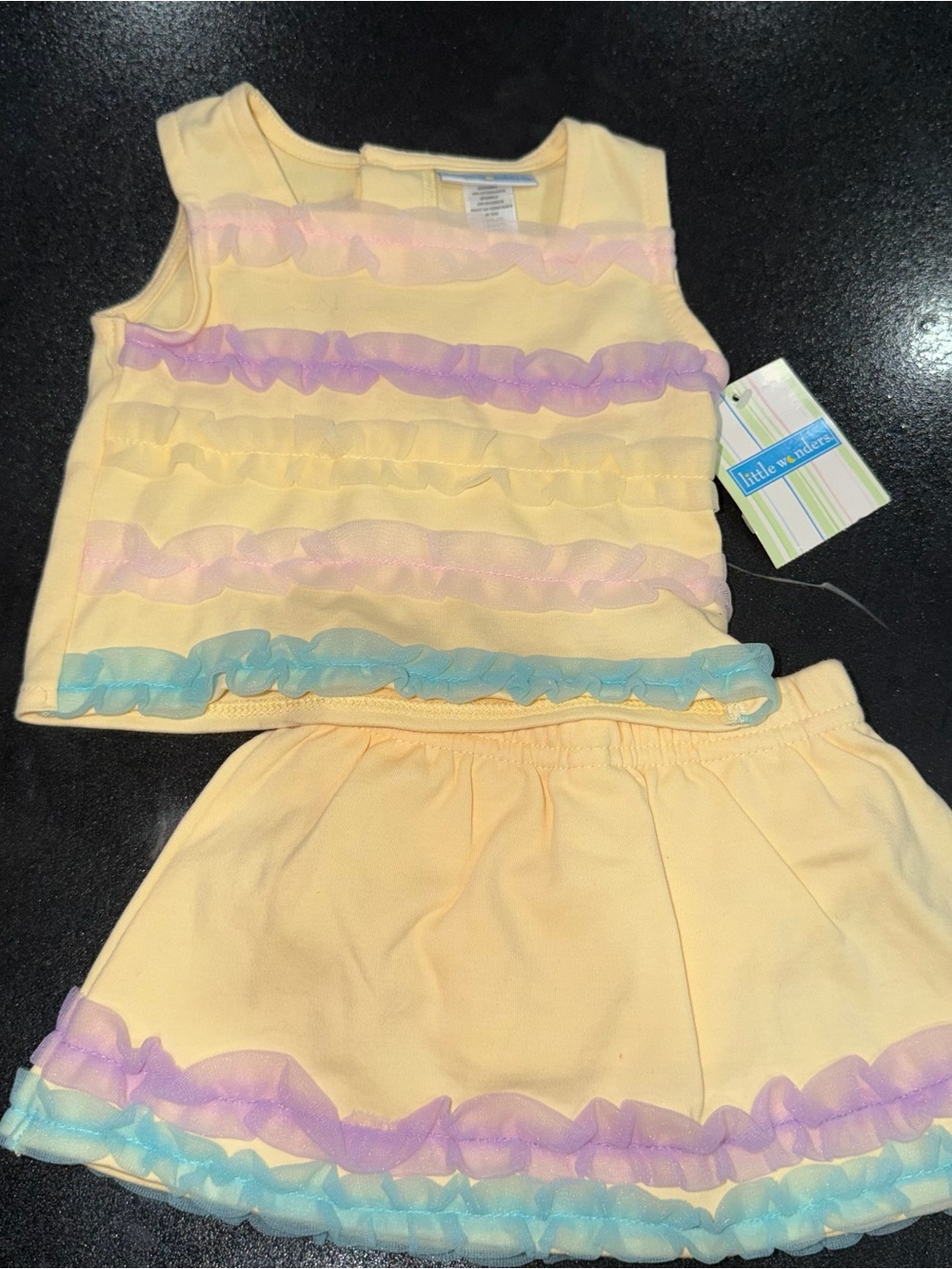 Little Wonders Yellow Ruffle Tank & Skirt Set with Pastel Pink and Lavender Trim
